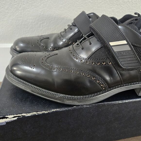 PRADA Black Leather Hook & Loop Men's Wingtin Brogues Oxfords Italy 12US - Picture 6 of 11